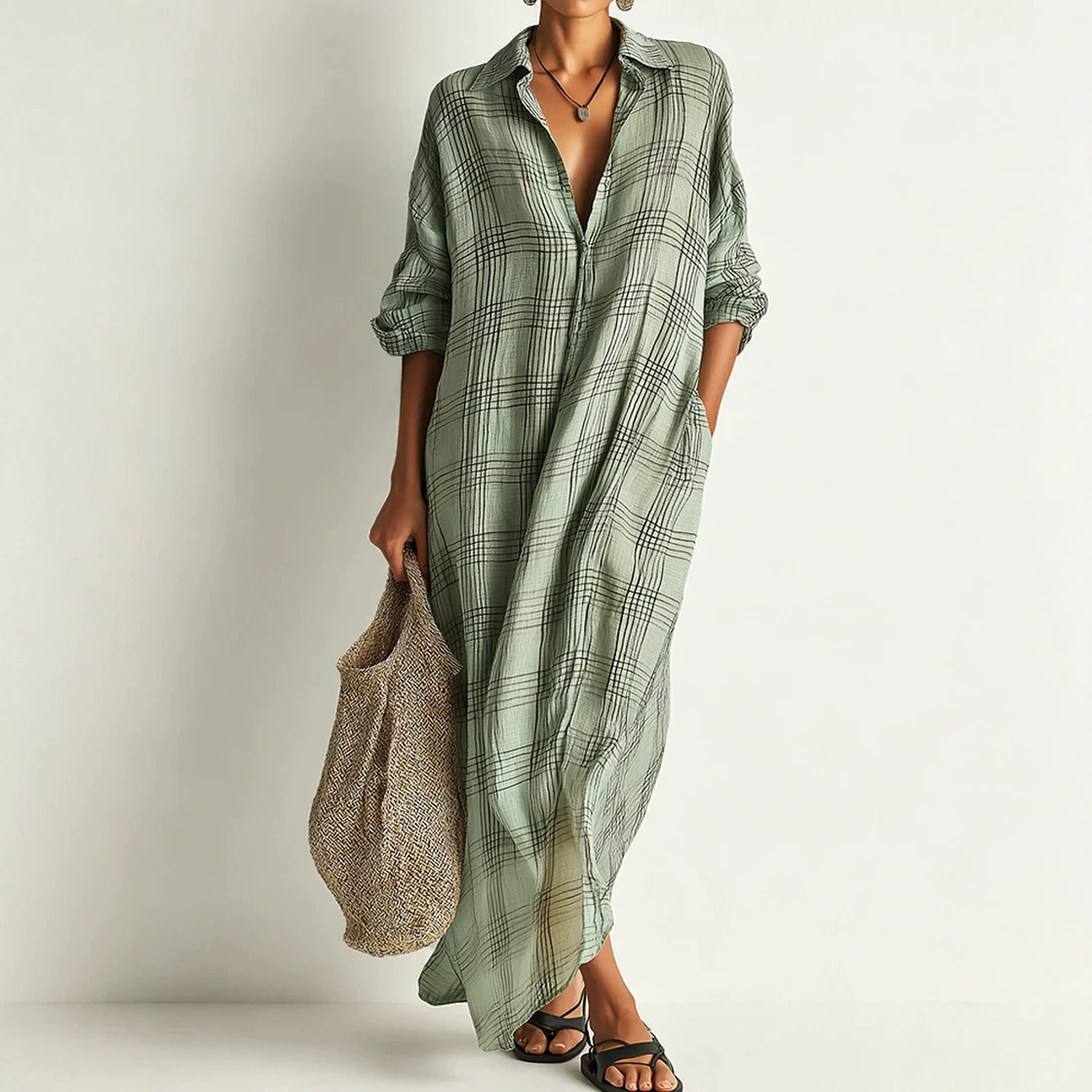 Maxi Dress Boho - Baskılı Keten Pamuklu Midi Elbise Yazlık