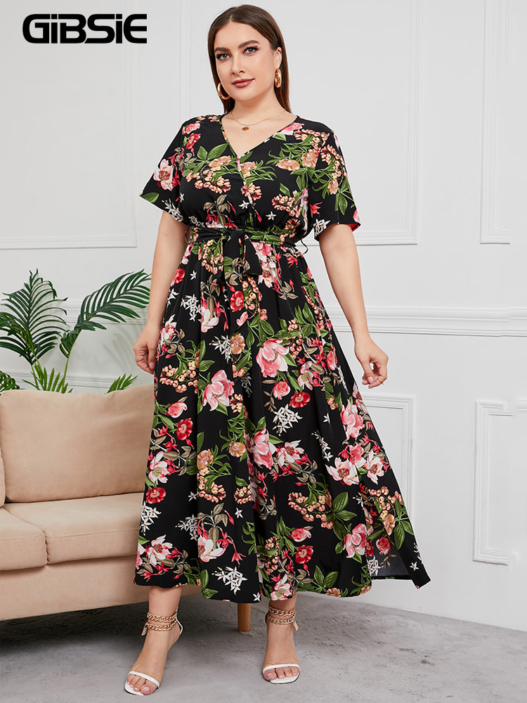 Maxi Dress Boho - GIBSIE Plus boy V yaka çiçek