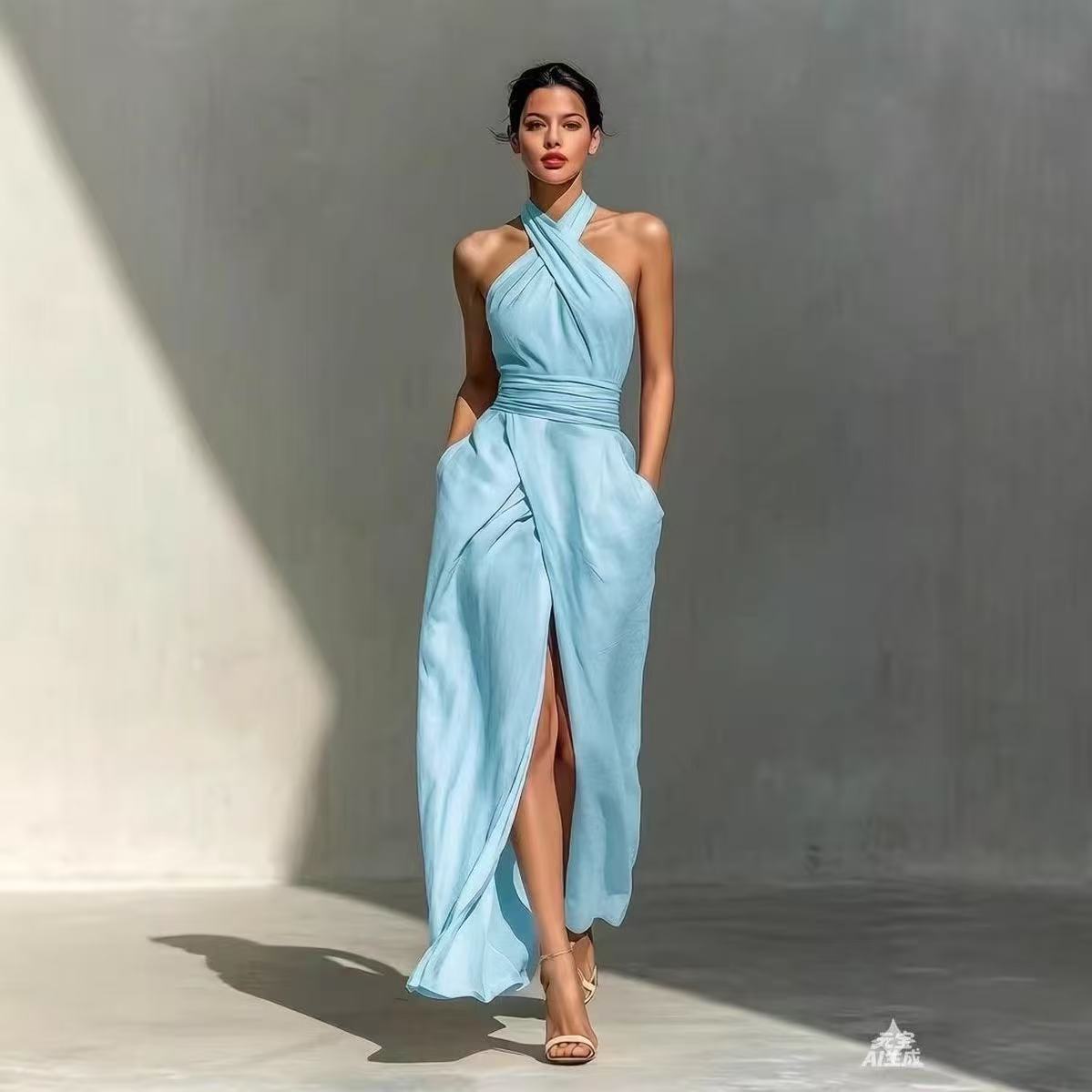 Maxi Dress Boho - Şık, Düz Renkli, Önü Yırtmaçlı, Bohem